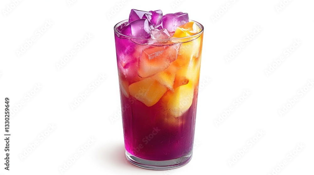 Colorful drink with ice and fruit chunks in a tall glass, refreshing and vibrant Colorful drink with ice and fruit chunks in a tall glass, refreshing and vibrant