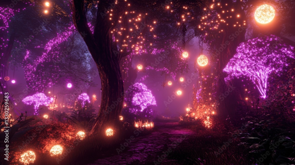 Enchanted Forest with Magical Lights and Vibrant Flora at Night Enchanted Forest with Magical Lights and Vibrant Flora at Night