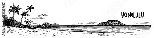 honolulu beach landscape sketch doodle vector illustration engraving vintage hawaii scenery