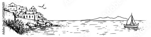 greek island seaside sketch doodle vector illustration engraving vintage santorini landscape