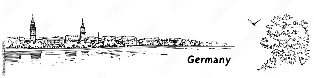 german city skyline sketch doodle vector illustration engraving vintage riverside landscape german city skyline sketch doodle vector illustration engraving vintage riverside landscape