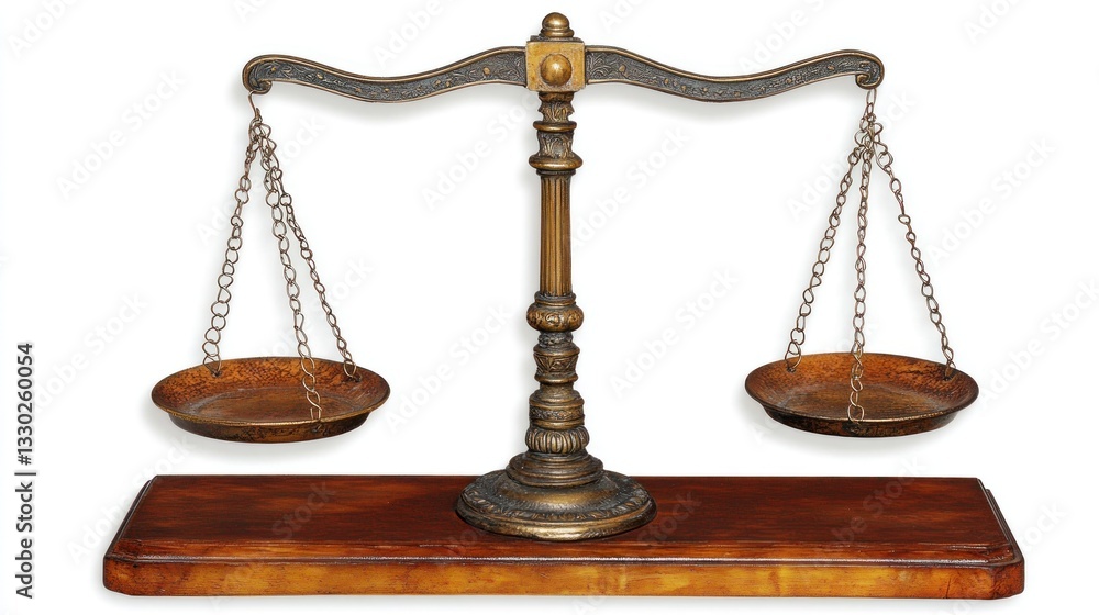 Ornate scales sit upon a wooden base, chains hanging freely with empty pans Ornate scales sit upon a wooden base, chains hanging freely with empty pans