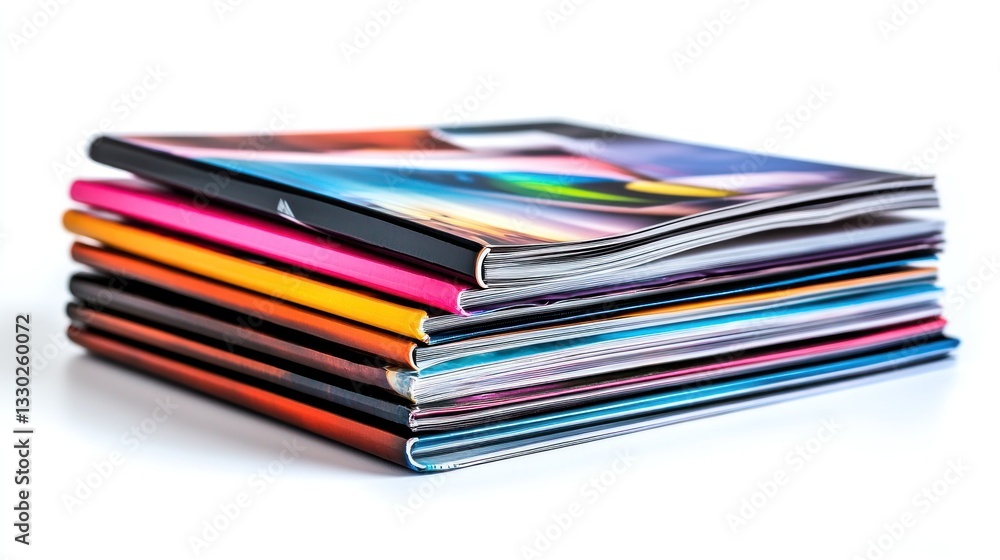 Stack of colorful magazines on white background, side view shows page texture and design Stack of colorful magazines on white background, side view shows page texture and design