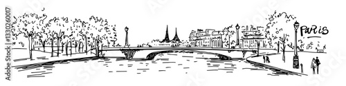 paris river bridge sketch doodle vector illustration engraving vintage cityscape