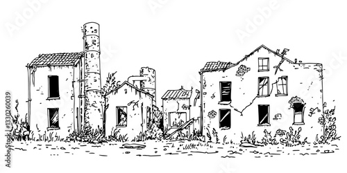 abandoned war ruins sketch doodle vector illustration engraving vintage destroyed village