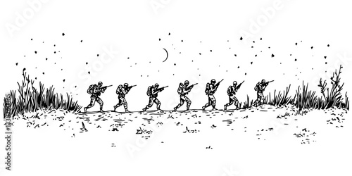 military night patrol sketch doodle vector illustration engraving vintage soldiers march
