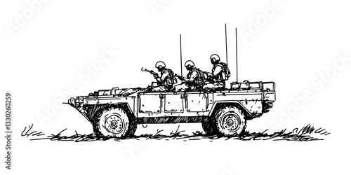 armored military vehicle sketch doodle vector illustration engraving vintage soldiers patrol