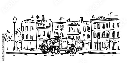 military armored vehicle sketch doodle vector illustration engraving vintage city street