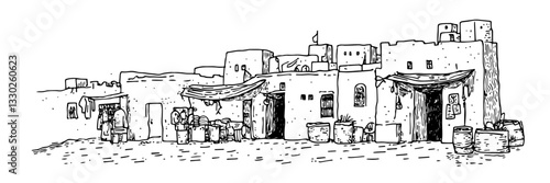 desert adobe houses sketch doodle vector illustration engraving vintage architecture