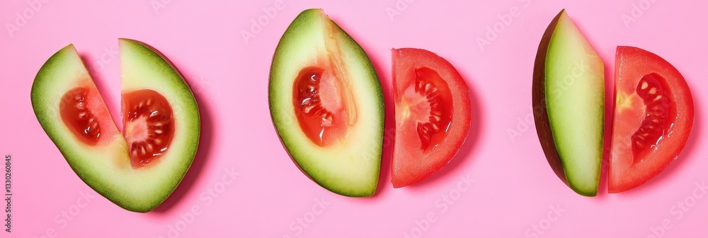 Fototapeta premium Vibrant Melon and Tomato Slices on Pink Background