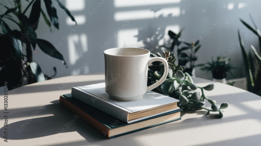A white coffee mug sitting on top of a book next to a plant on a table with a white background. A white coffee mug sitting on top of a book next to a plant on a table with a white background.