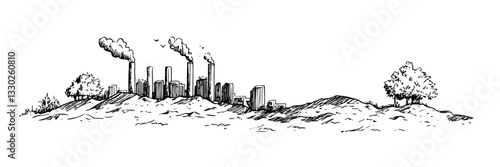 destroyed and polluted post-apocalyptic city doodle sketch vector illustration