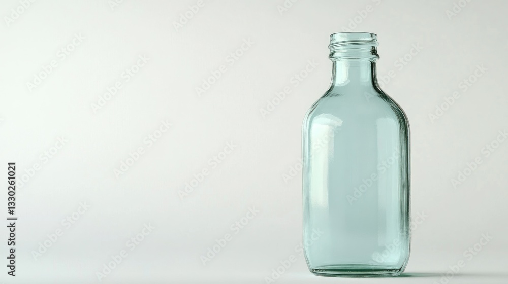 Simple glass bottle. Translucent, clear, empty vessel against a clean background Simple glass bottle. Translucent, clear, empty vessel against a clean background