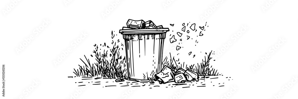Fototapeta premium backyard garbage bin with scattered trash doodle sketch vector illustration