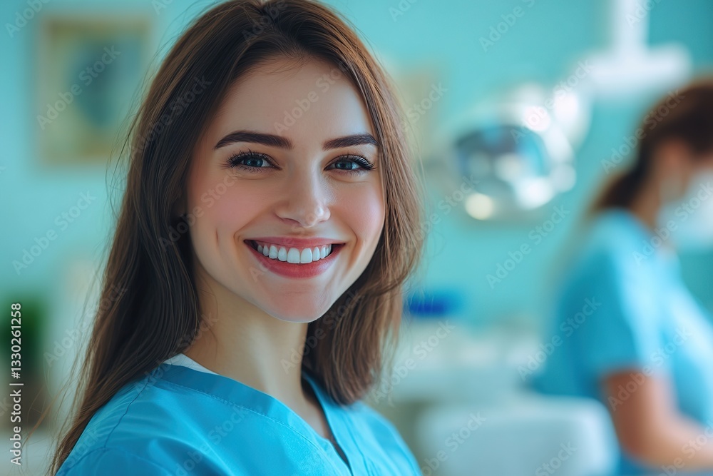 Fototapeta premium Female dentist smiling joyfully while working in dental clinic with patient in background