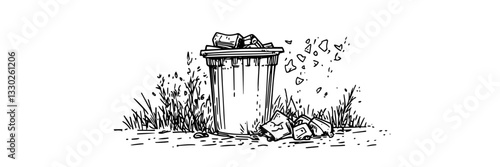 backyard garbage bin with scattered trash doodle sketch vector illustration