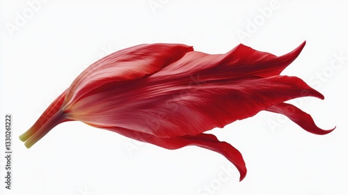 Red, curled petal displays textured surface on a stark, white background