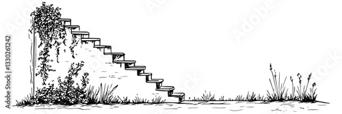 old stone stairs overgrown with vegetation doodle sketch vector illustration