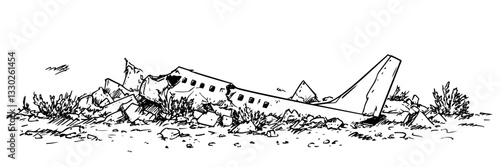 abandoned airplane wreck in overgrown landscape, doodle vector black sketch