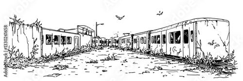 abandoned train station destroyed by war with overgrown railway, doodle vector black sketch