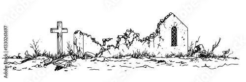 abandoned church ruins with broken cross, doodle vector black sketch