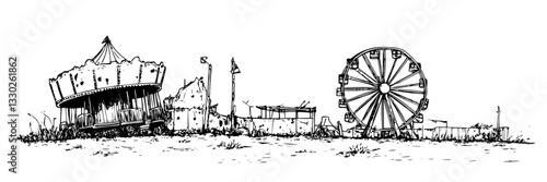 abandoned amusement park with ferris wheel and carousel, doodle vector black sketch