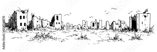 abandoned ruined cityscape post-apocalyptic scene hand drawn doodle black vector sketch
