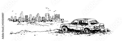 abandoned car near ruined post-apocalyptic city hand drawn doodle black vector sketch