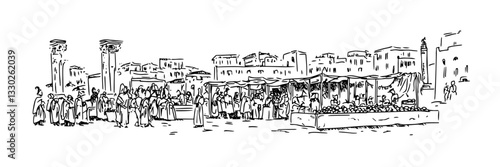 historical city market scene hand drawn doodle black vector sketch