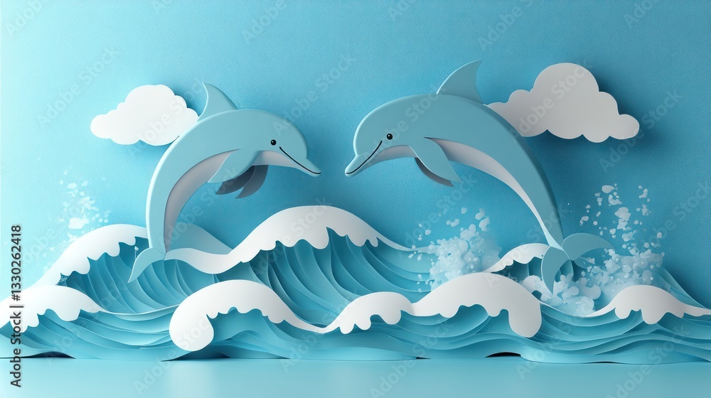 Dolphins jumping over waves in a whimsical paper cut style Dolphins jumping over waves in a whimsical paper cut style