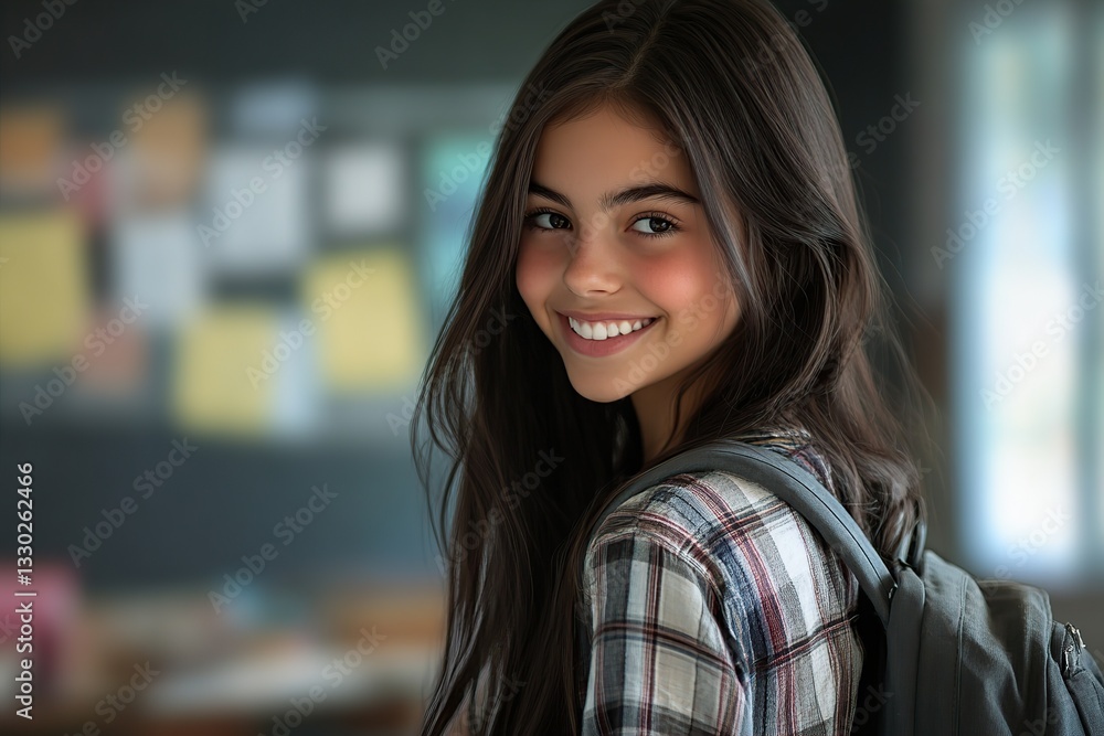 Cheerful schoolgirl smiles while standing in classroom with backpack in early afternoon light Cheerful schoolgirl smiles while standing in classroom with backpack in early afternoon light