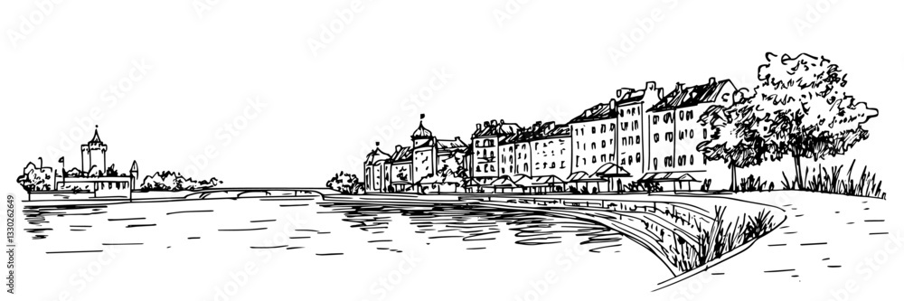 Obraz premium european riverside cityscape hand drawn doodle black vector sketch