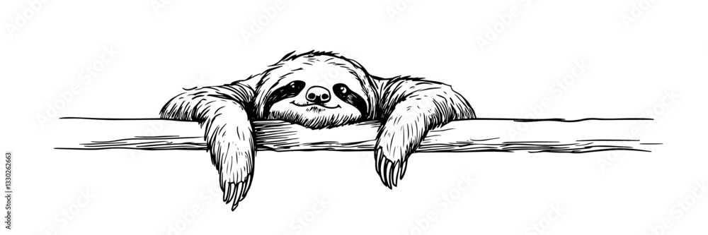 Tableau sur toile cute sloth hanging on branch hand drawn doodle black vector sketch