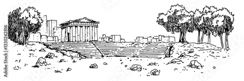 ancient greek ruins with temple hand drawn doodle black vector sketch