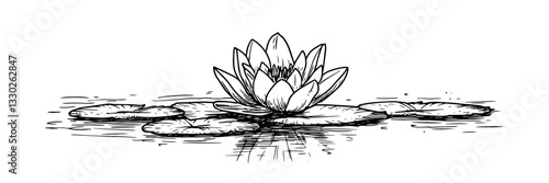 water lily with floating leaves hand drawn doodle black vector sketch