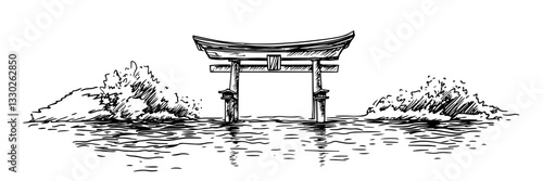japanese torii gate on water hand drawn doodle black vector sketch