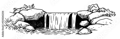 small waterfall with rocks hand drawn doodle black vector sketch