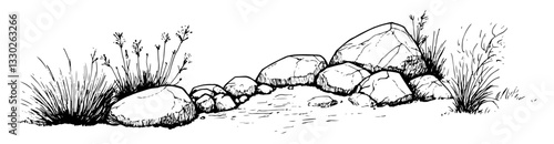 rocky landscape with grass hand drawn doodle black vector sketch