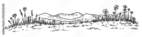 mountain landscape with flowers hand drawn doodle black vector sketch