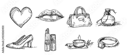 beauty and fashion accessories hand drawn doodle black vector sketch
