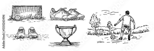 football and soccer elements hand drawn doodle black vector sketch