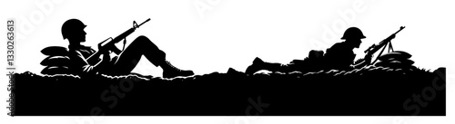 soldiers in trenches holding rifles, black silhouette shape vector