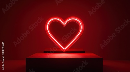 Red neon heart glowing on a square pedestal against a dark backdrop