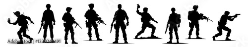 soldiers in various combat stances, black silhouette shape vector