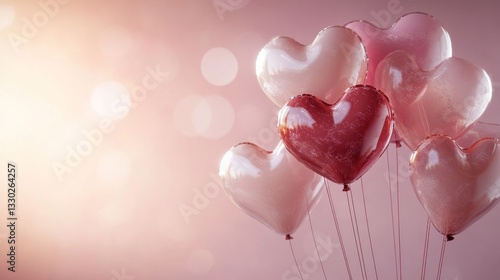 Romantic heart-shaped balloons in blush pink and rose gold hues against a soft, bokeh background