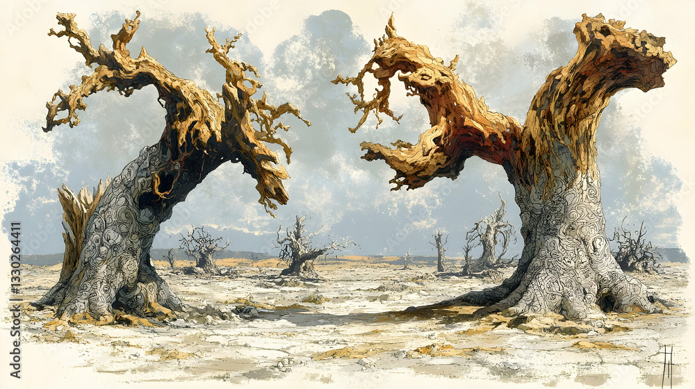 Fototapeta premium Twisted ancient trees in a desolate landscape