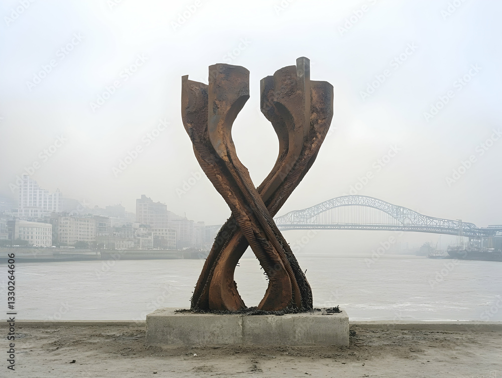 Fototapeta premium Twisted metal sculpture by the river
