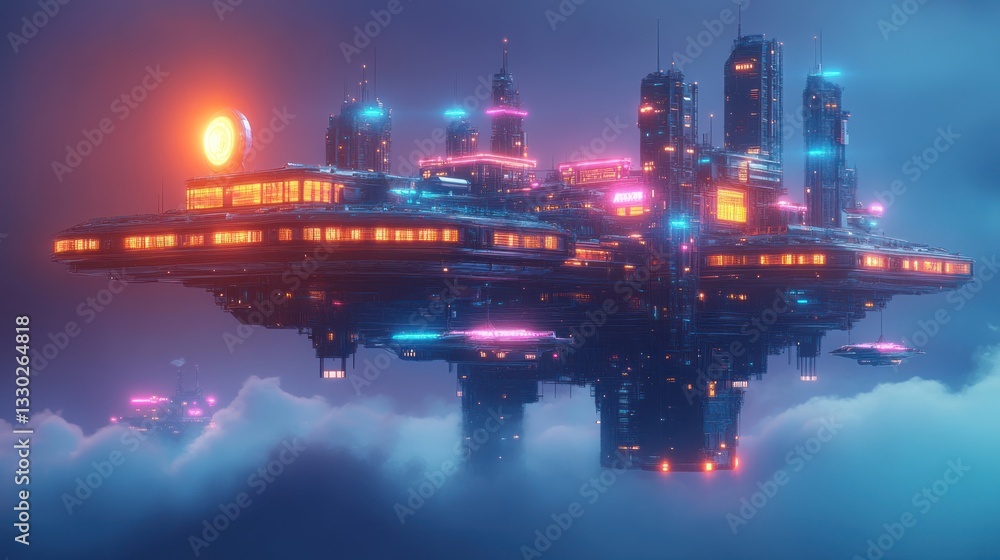 Fototapeta premium Futuristic flying city with floating platforms, neon lights, and space ships