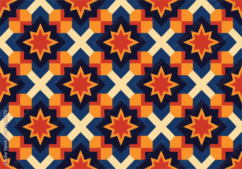 Geometric Star Pattern Seamless Textile Design, Orange, Blue, Red Geometric Star Pattern Seamless Textile Design, Orange, Blue, Red