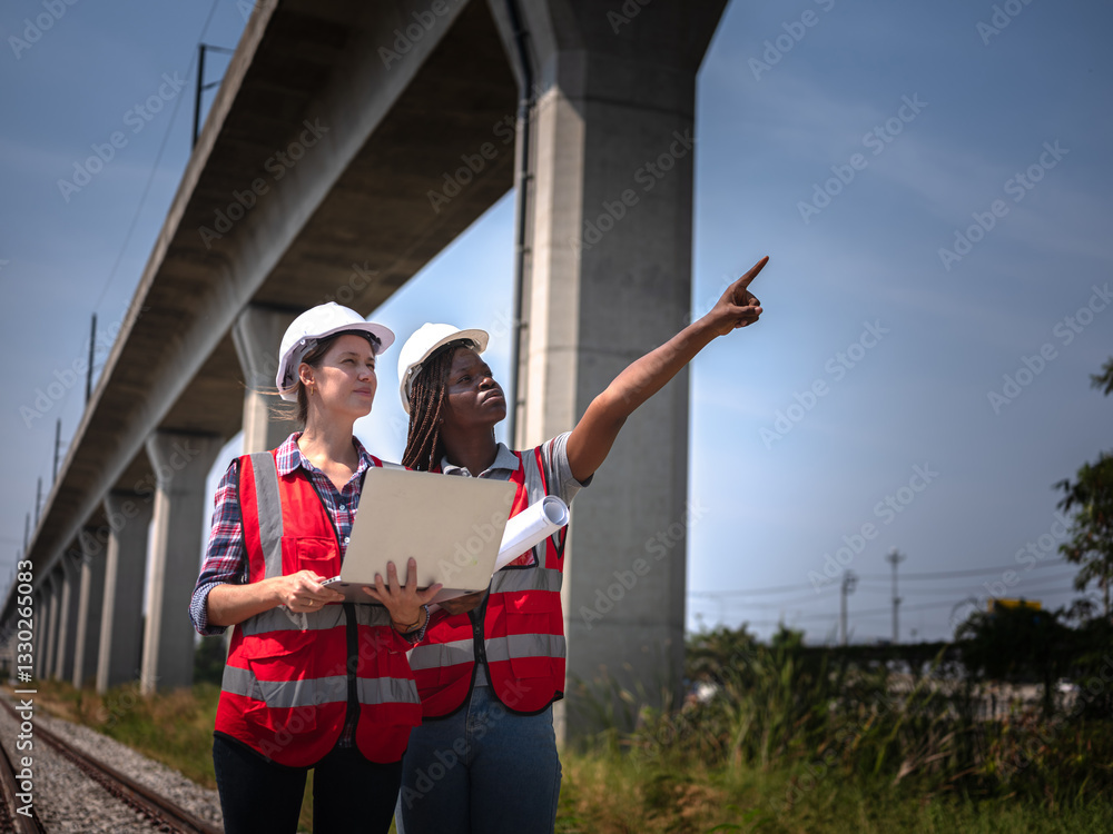 A female railway engineer points hand out the problematic areas for her colleagues to see and uses a radio to talk to maintenance personnel at the construction site..